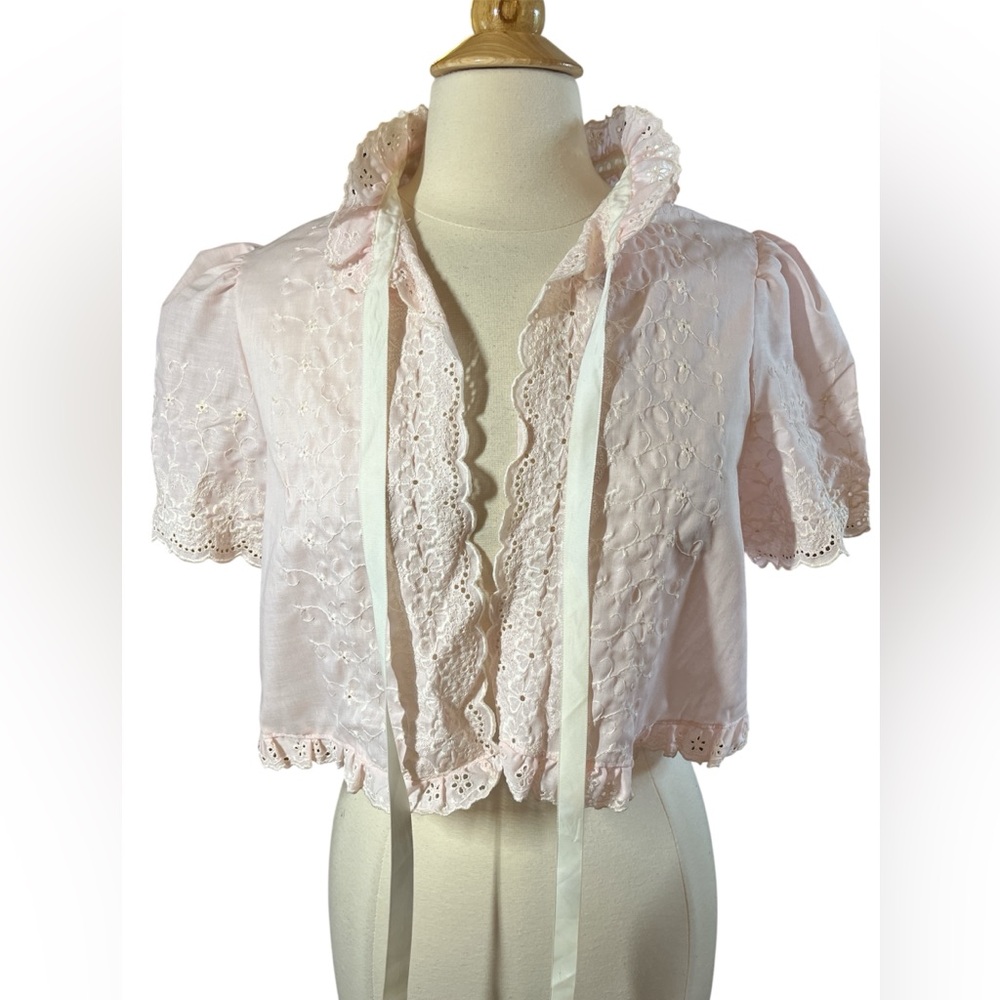 Gilligan & O'Malley Pink Vintage BedJacket white embroidery ribbon detail size S - Picture 6 of 11